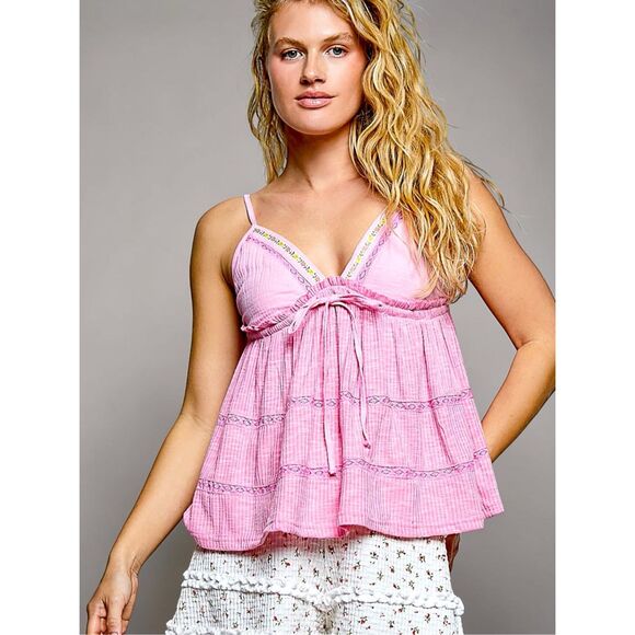 POL Tops - POL Embroidered Ruffle Cami Pink Tiered Tank Boho Flowy Top NEW